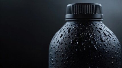 Close-up of a dark, water-droplet-covered plastic bottle