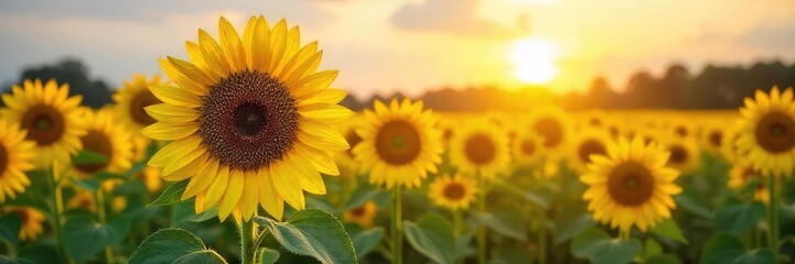 Obraz premium Vibrant yellow oil sunflowers bask in the summer sun, their heavy heads bowing under the weight of ripening seeds A picturesque scene of agricultural abundance , oil seeds, plantation, composite