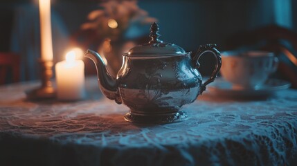 Antique silver teapot on a lace tablecloth, lit by candlelight
