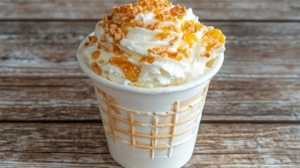Whipped cream ice cream in waffle cone cup, topped with crunchy bits