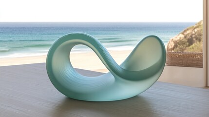 Teal, abstract, infinity-shaped object on a wooden table, ocean view