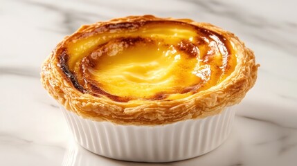 Golden custard tart in white dish on marble