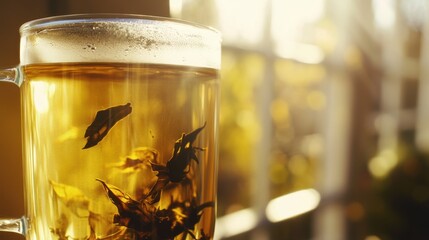 Clear glass mug of tea, sunlit, floral tea leaves