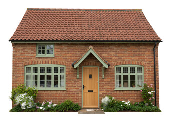 Isolated English brick house, cozy home exterior with front door, roof and flowering gardens