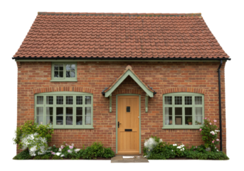 Isolated English brick house, cozy home exterior with front door, roof and flowering gardens