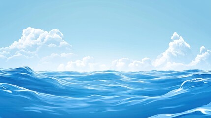 Calm ocean waves meet a pale blue sky with fluffy clouds