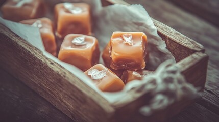 Caramel squares in a wooden box
