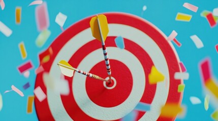 Target with arrows, confetti on blue