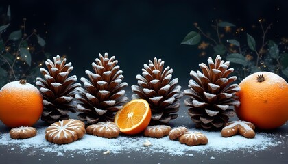 Frosted pine cones, gingerbread cookies, and dried oranges on a dark background.