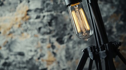 Close-up of a modern, industrial-style lamp with a warm-toned filament bulb against a textured stone wall