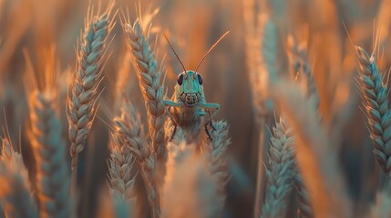 Close-up grasshopper on golden wheat stalks at sunset