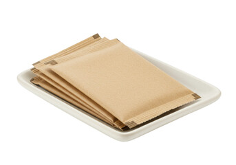 Isolated, packets of brown sugar on a small white square dish or tray, stack of sugar sachets