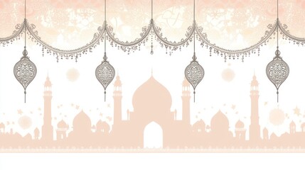 Islamic-themed banner with mosque silhouette, ornate lanterns, and pastel colors