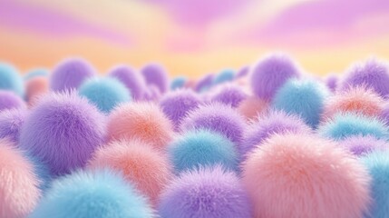 Fluffy, pastel-colored spheres, forming a field against a soft sunset sky