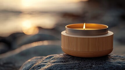 Candle on rocks by the ocean at sunset