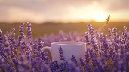 White mug of warm drink amidst lavender field at sunset