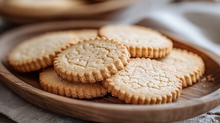 Stacked light-colored cookies on a wooden plate