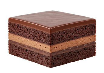 Isolated Chocolate Layer Cake Square with Fudge Icing and Filling Ready to Eat Dessert