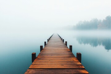 Fototapeta premium Long Wooden Pier Extends into Ethereal Foggy Lake, Creating a Dreamlike and Tranquil Atmosphere