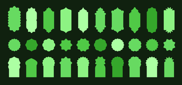 Arab green Ramadan vector design elements. Ramadhan Kareem mosque gates, doors, windows. Oriental style Islamic arches, labels, text boxes. Moroccan shape frames. Indian Mughal frame bg
