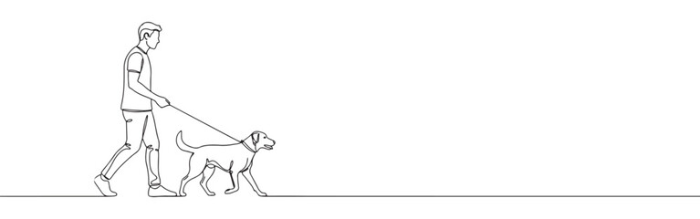 Continuous one-line drawing of a man walking a dog on a leash, illustrating pet ownership and daily routine in a fluid, minimalist style.