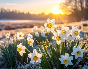 朝日に輝く水仙の花と冬の風景