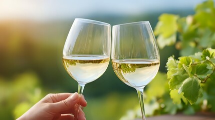 Fototapeta premium Two glasses of white wine toasting against blurred vineyard background with green grapevine leaves, sunlit romantic setting for wine tasting and celebration.