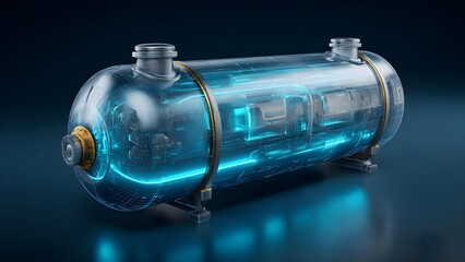 A futuristic glass-encased cylindrical energy reactor glowing blue with visible inner components. Concept Futuristic Energy Reactor, Glass Enclosure, Blue Glow, Visible Inner Mechanics