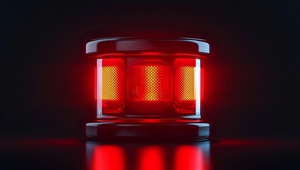 Red emergency light beacon with glowing elements on dark background, creating dramatic warning effect with reflective surface and atmospheric illumination.