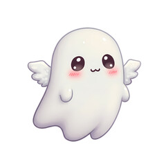 Obraz premium Adorable kawaii ghost with angel wings for Halloween designs, cute and friendly spooky character perfect for kids' products and festive promotions