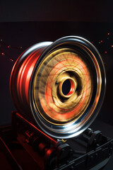 old retro stylish wheels collapsible two-component with a gold center and shiny rims for car tuning long exposure photo to simulate movement