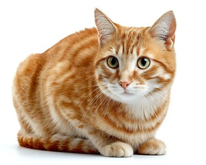 Fototapeta premium Ginger tabby cat with white chest and paws lying on white background, looking directly at camera with bright green eyes. Isolated photo for design use.