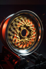 old retro stylish wheels collapsible two-component with a gold center and shiny rims for car tuning long exposure photo to simulate movement
