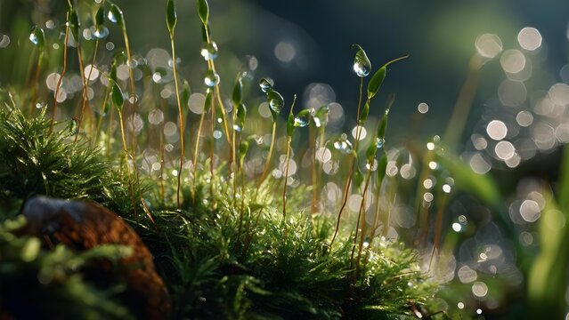 Moss with slender sporophyte stalks and dew droplets, shimmering in a dreamy bokeh background. Concept Moss close-up, Slender sporophyte stalks, Dew droplets, Dreamy bokeh, Ethereal forest light