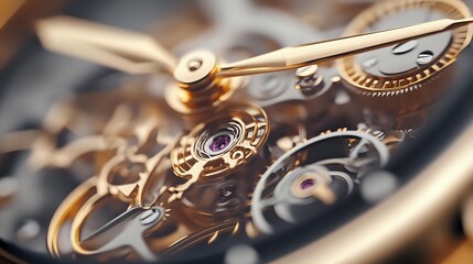 Luxury watch mechanism with golden gears and ornate details in macro photography. Precision clockwork components showcase intricate mechanical engineering and craftsmanship.
