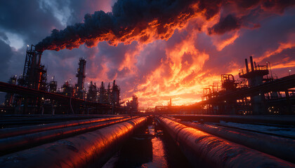 Industrial oil refinery complex spews thick smoke and flames into sunset sky. Rows of large metal pipes lead towards the plant, suggesting global energy transport and market impacts.