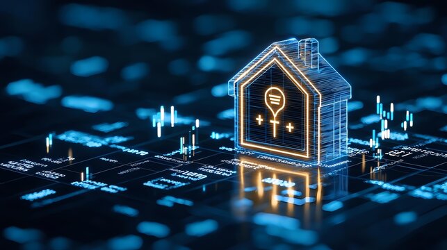 Glowing neon house icon on digital circuit board with financial data and trading graphs in blue technology background for smart home concept. - Powered by Adobe