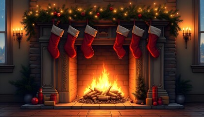 Fireplace with hanging Christmas stockings, garlands, and warm glow.