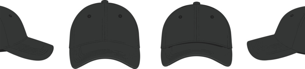 Black baseball cap, curved brim, side view, front view, fashion accessory, casual wear, headwear, sports style, unisex design, stitched panels