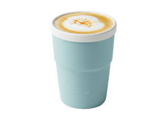 Isolated shot of a turquoise drinking cup, containing a cappuccino with foam, studio light