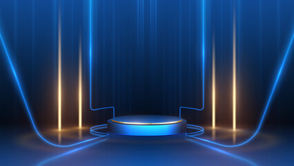 Empty podium golden on blue background with neon effect decoration. Luxury scene design concept for product display.