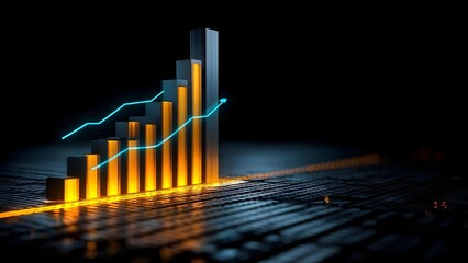 A glowing 3D bar chart with orange bars and a neon blue line graph rising against a dark, techy background. Concept Glowing 3D bar chart, Neon blue line graph, Orange bars, Dark tech background