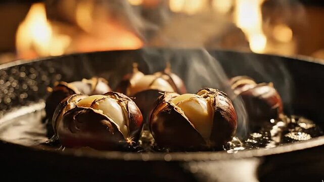 Roasted chestnuts cracking under firelight