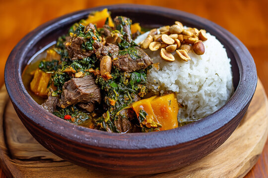 A steaming pot of Zimbabwean sadza served with beef stew, pumpkin leaves, and roasted peanuts on a wooden table.