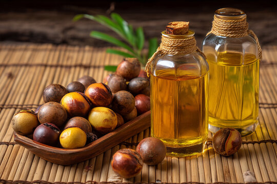 A display of Zimbabwean marula nuts placed beside hand-poured marula oil in glass bottles on a bamboo table.