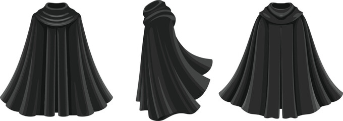 Black cloak illustration, dramatic cape design, high collar fashion, costume concept art, gothic garment, fantasy wear, layered fabric, side view