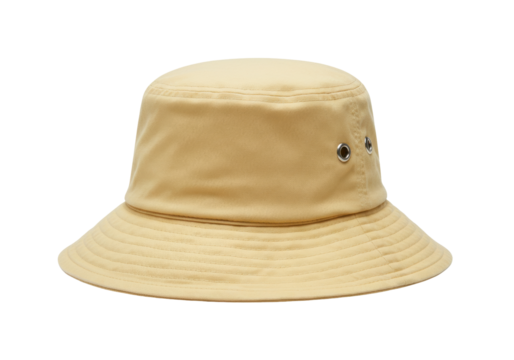 Isolated light-tan floppy bucket hat with eyelets, sun protection headwear for beach or city use