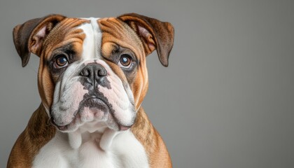 Fototapeta premium Charming Bulldog Portrait with Expressive Eyes and Wrinkled Face on a Gray Background, Pet Canine