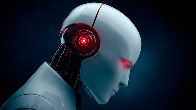 Robot con ojos rojos sobre fondo negro