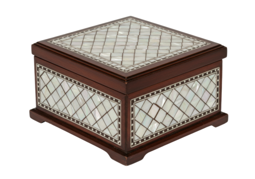 Isolated Brown wood box with mother of pearl inlay pattern, traditional craftwork